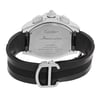 An image of a pre-owned wristwatch viewed from the back, showcasing the closed clasp. The angle focuses on the stainless steel case back, highlighting engraved details such as "Cartier Roadster" and specifications about its automatic movement and water resistance. The black band and clasp are prominently displayed, indicating its pre-owned condition. The image is taken from a close distance, emphasizing the watch's features.