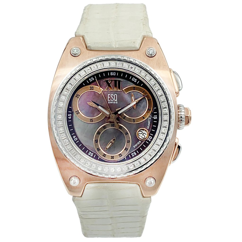 Up Close Front Facing Picture Of ESQ Movado 7101300 Stainless Steel Watch Pre Owned Condition