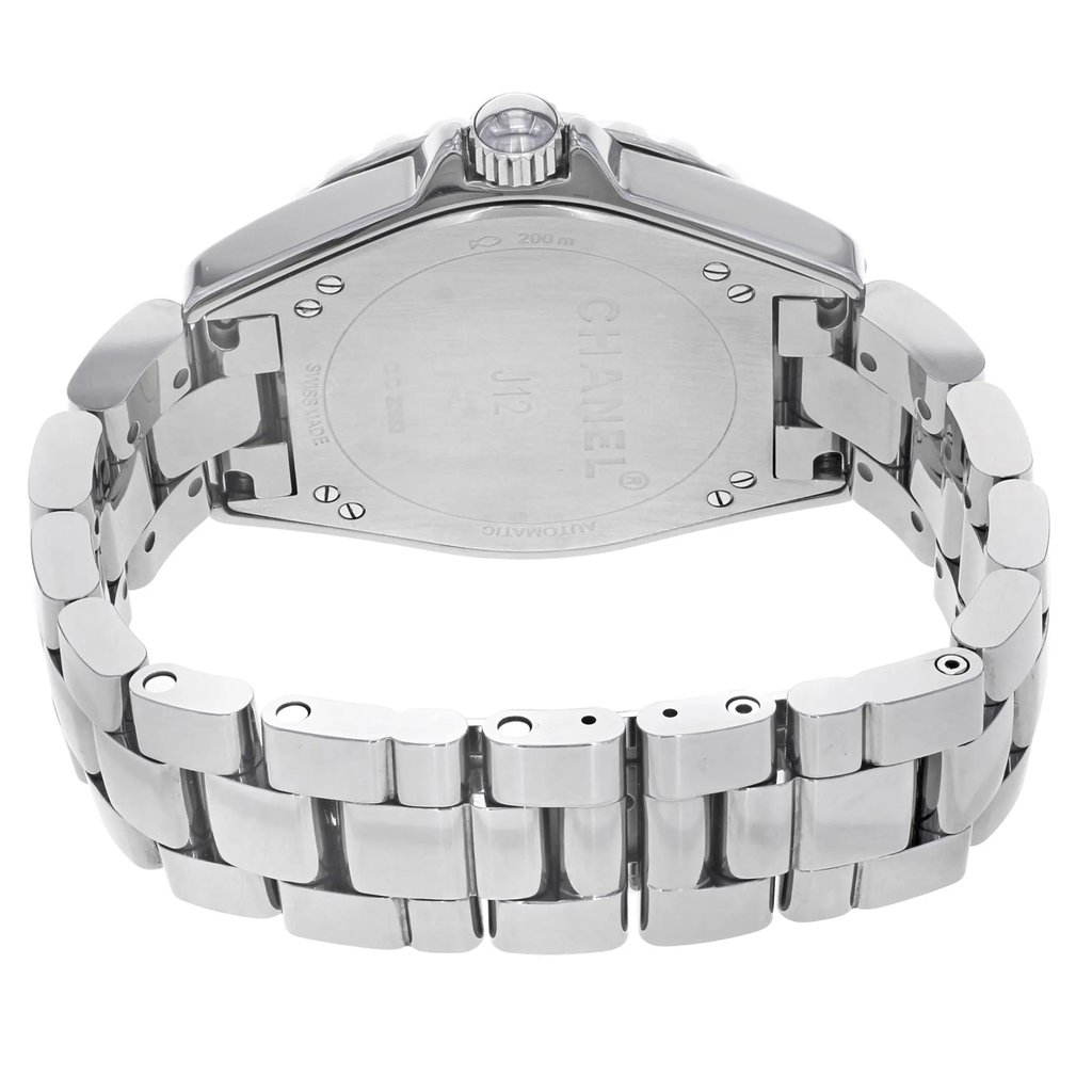 An image of a pre-owned wristwatch captured from the back view. The focus is on the closed clasp and the watch's stainless steel bracelet, showing the links in detail. The angle is slightly elevated, providing a clear view of the watch's back casing, including visible engravings. The photograph is taken from a close distance, highlighting the watch's condition and design features.