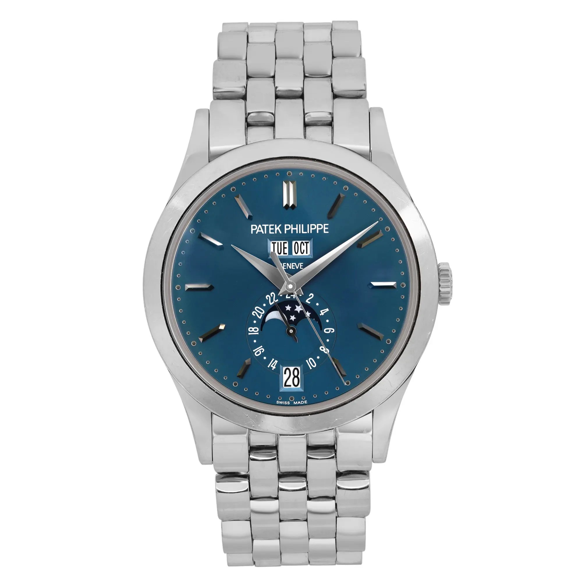 An image of a pre-owned men's Patek Philippe Day-Date Annual Calendar White Gold Blue Dial Watch 5396/1G-001 positioned upright at a straight-on angle. The watch features a white gold bracelet and a blue dial with a date indicator and moon phase complication. The brand name is visible beneath the 12 o'clock position. The watch is centered in the frame, showcasing its design and features clearly.