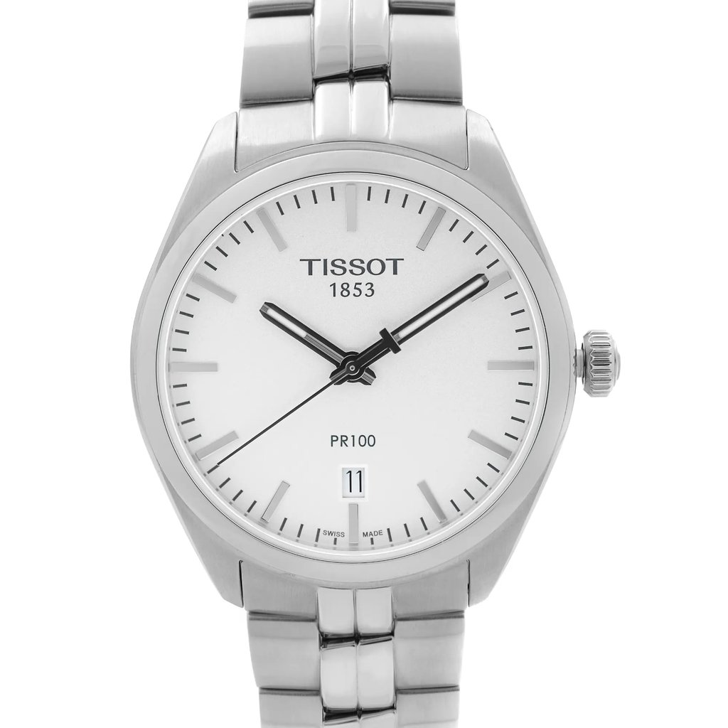 Up Close Front Facing Picture Of Tissot T101.410.11.031.00 Stainless Steel Watch Unworn Condition