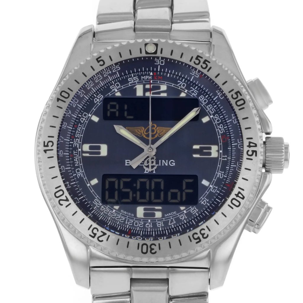 Up Close Front Facing Picture Of Breitling A68362 Stainless Steel Watch Pre Owned Condition