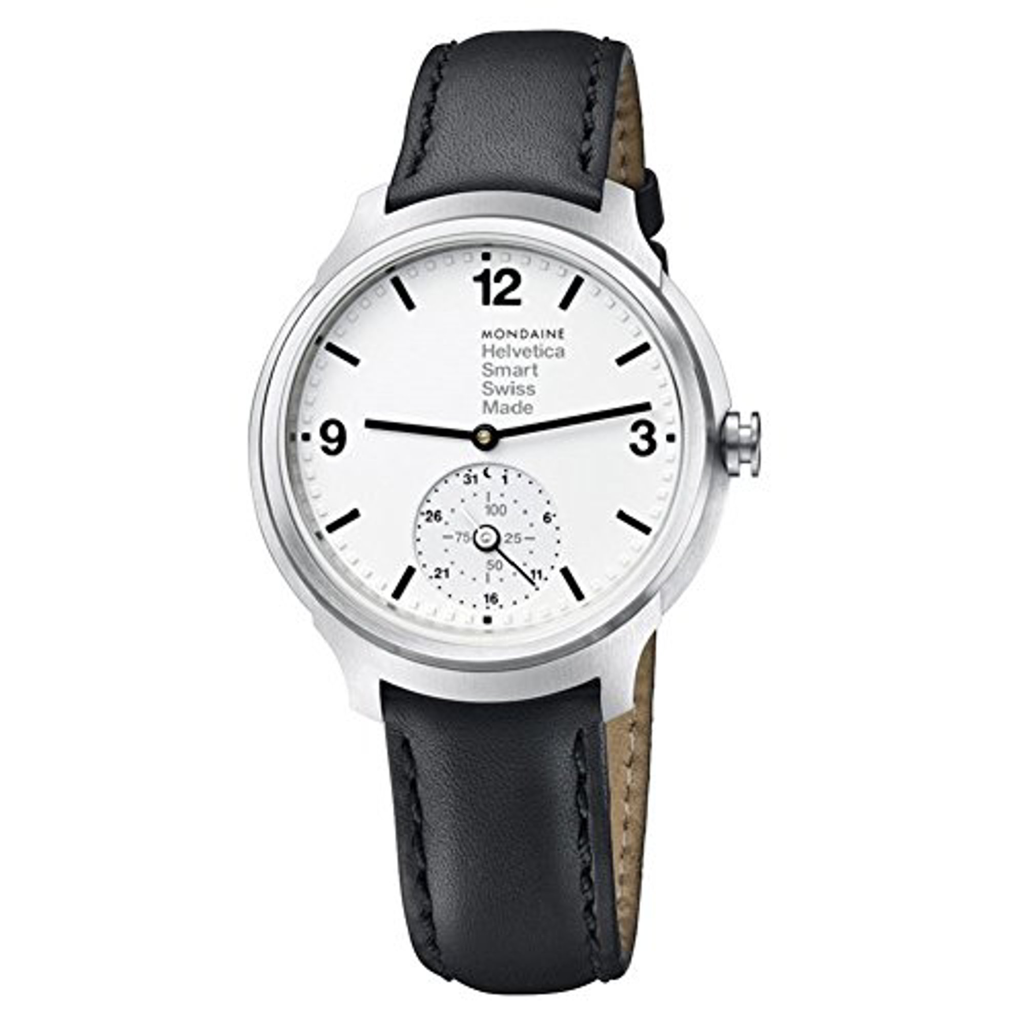 An image of a Wristwatch by Mondaine. This Display Model item is designed for Men, featuring a Casual,Classic,Dress/Formal style. It has a Quartz movement and an Analog display with a White dial color. The indices include 12-Hour Dial,Arabic Numerals,Non-Numeric Hour Marks,Stick Indexes. The band is made of Leather and the case is made of Stainless Steel. The watch has a Round shape with a case size of 44 mm and a case thickness of 13 mm.