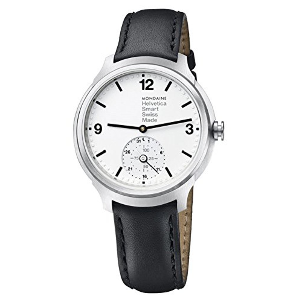 An image of a Wristwatch by Mondaine. This Display Model item is designed for Men, featuring a Casual,Classic,Dress/Formal style. It has a Quartz movement and an Analog display with a White dial color. The indices include 12-Hour Dial,Arabic Numerals,Non-Numeric Hour Marks,Stick Indexes. The band is made of Leather and the case is made of Stainless Steel. The watch has a Round shape with a case size of 44 mm and a case thickness of 13 mm.