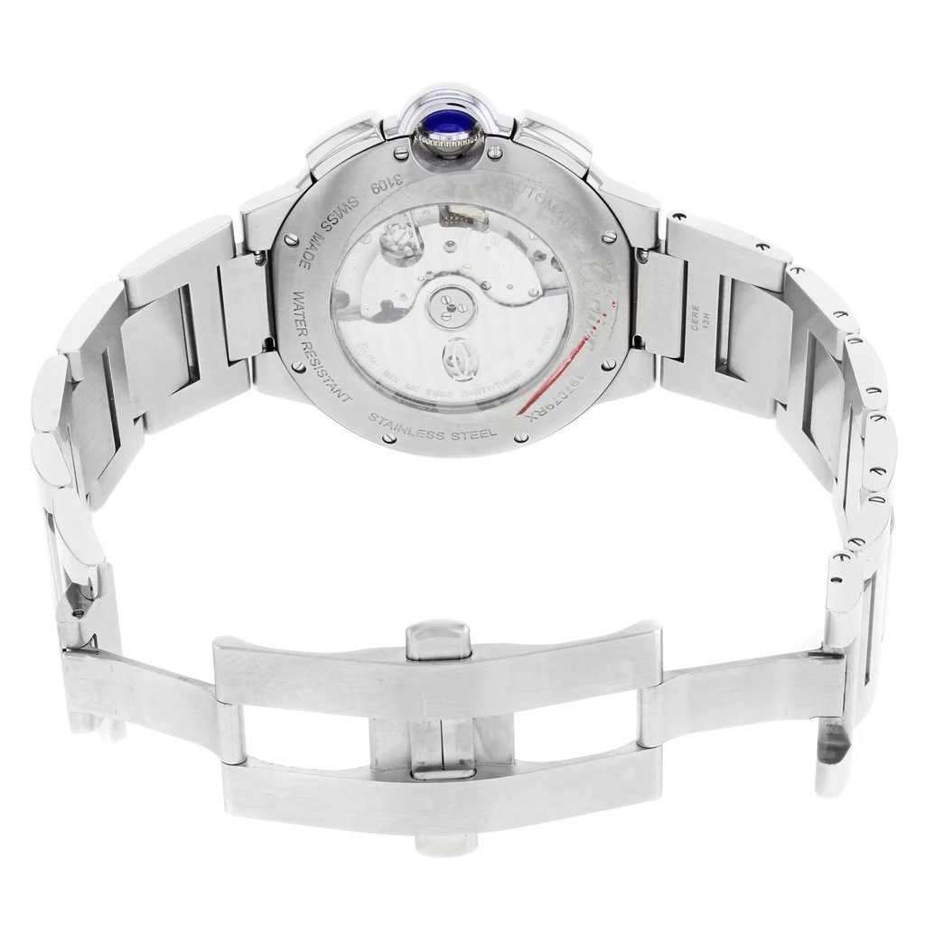 Back View Of {Caseback} Back Case And Open Stainless Steel Band Of Cartier W6920025 Watch Unworn Condition