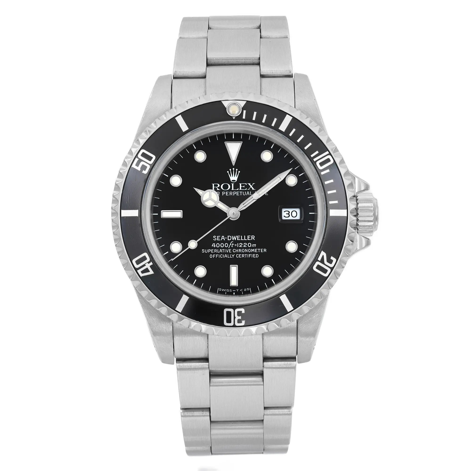 An image of a pre-owned men's Rolex diver wristwatch taken from a front full frontal view. The watch features a black dial with round indexes and a date indicator. It has a black bezel and luminous hands. The band and case are made of stainless steel, and the watch is round in shape. The condition is classified as good.