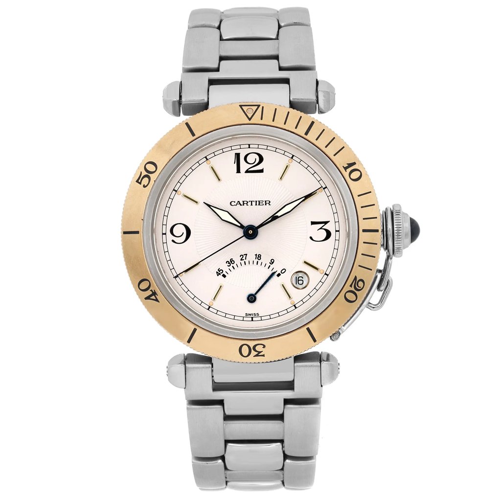 An image of a pre-owned Cartier Pasha Power Reserve yellow gold bezel automatic men's wristwatch viewed from the front at a straight angle, showcasing its elegant design. The timepiece features a round dial with a date indicator and luminous hands for enhanced visibility. The bezel is a contrasting gold tone, and the watch is attached to a silver metal bracelet, highlighting its classic and sophisticated look.