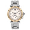 An image of a pre-owned Cartier Pasha Power Reserve yellow gold bezel automatic men's wristwatch viewed from the front at a straight angle, showcasing its elegant design. The timepiece features a round dial with a date indicator and luminous hands for enhanced visibility. The bezel is a contrasting gold tone, and the watch is attached to a silver metal bracelet, highlighting its classic and sophisticated look.