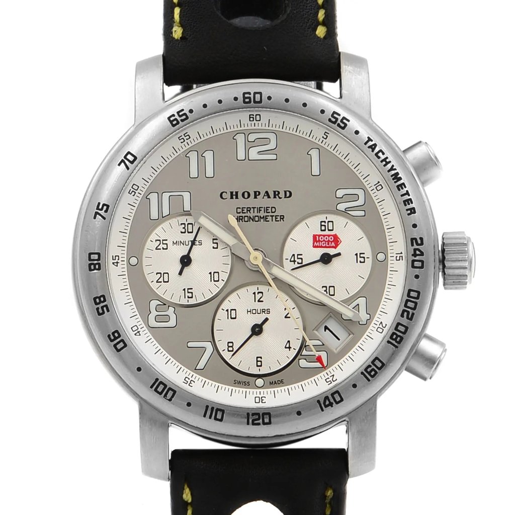 Up Close Front Facing Picture Of Chopard 16/8915-100 Titanium Watch Pre Owned Condition