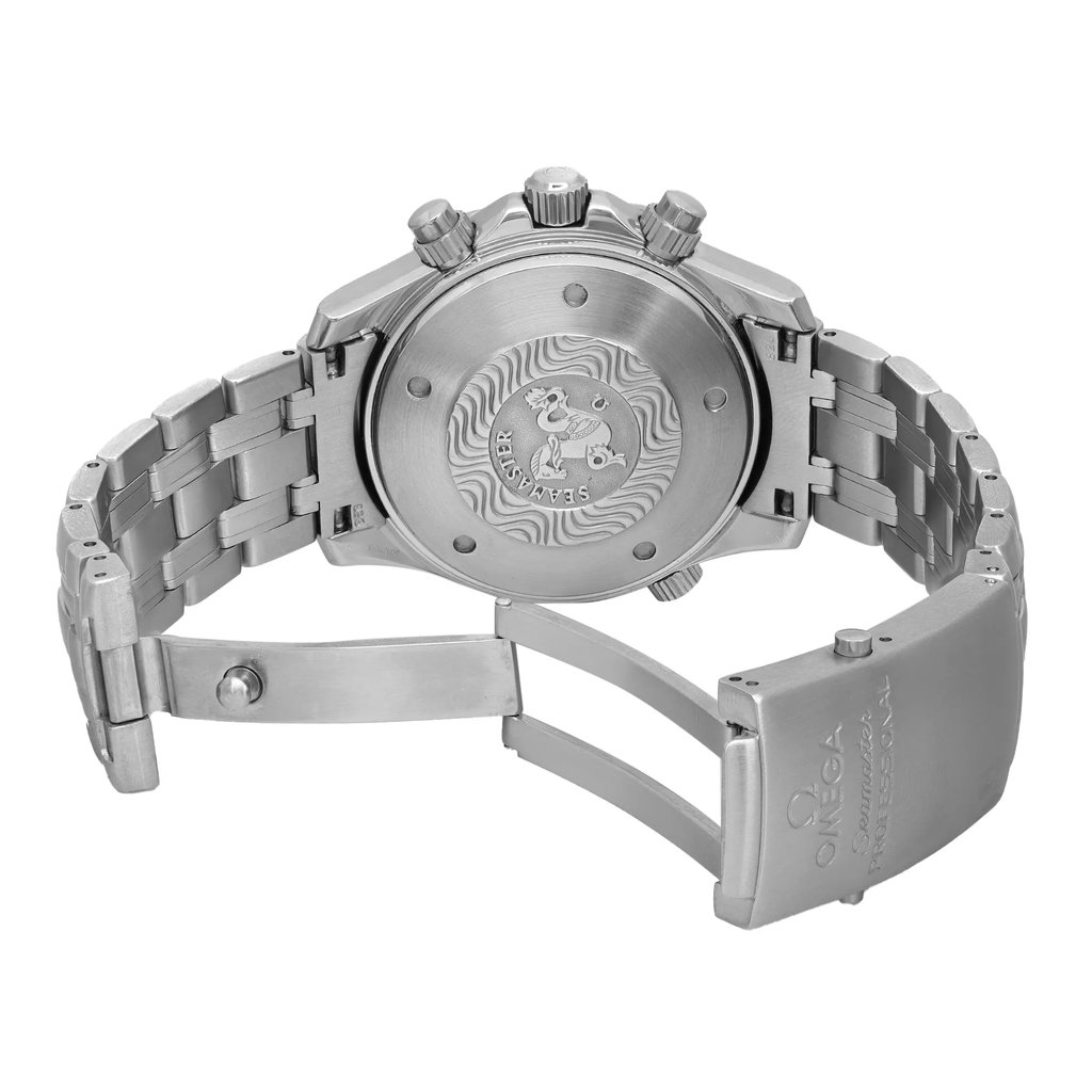 An image of a pre-owned OMEGA men's wristwatch, shown from the back with an open clasp. The stainless steel screwback case features an embossed seahorse logo and the brand name "OMEGA." The watch is positioned at a slight angle, with the left side of the round case and stainless steel band closer to the viewer, emphasizing the fold-over clasp with double push button. The OMEGA logo is also visible on the exterior part of the clasp. The image is a close-up, providing a detailed view of the watch's condition and craftsmanship. The watch has light signs of wear or scratches.