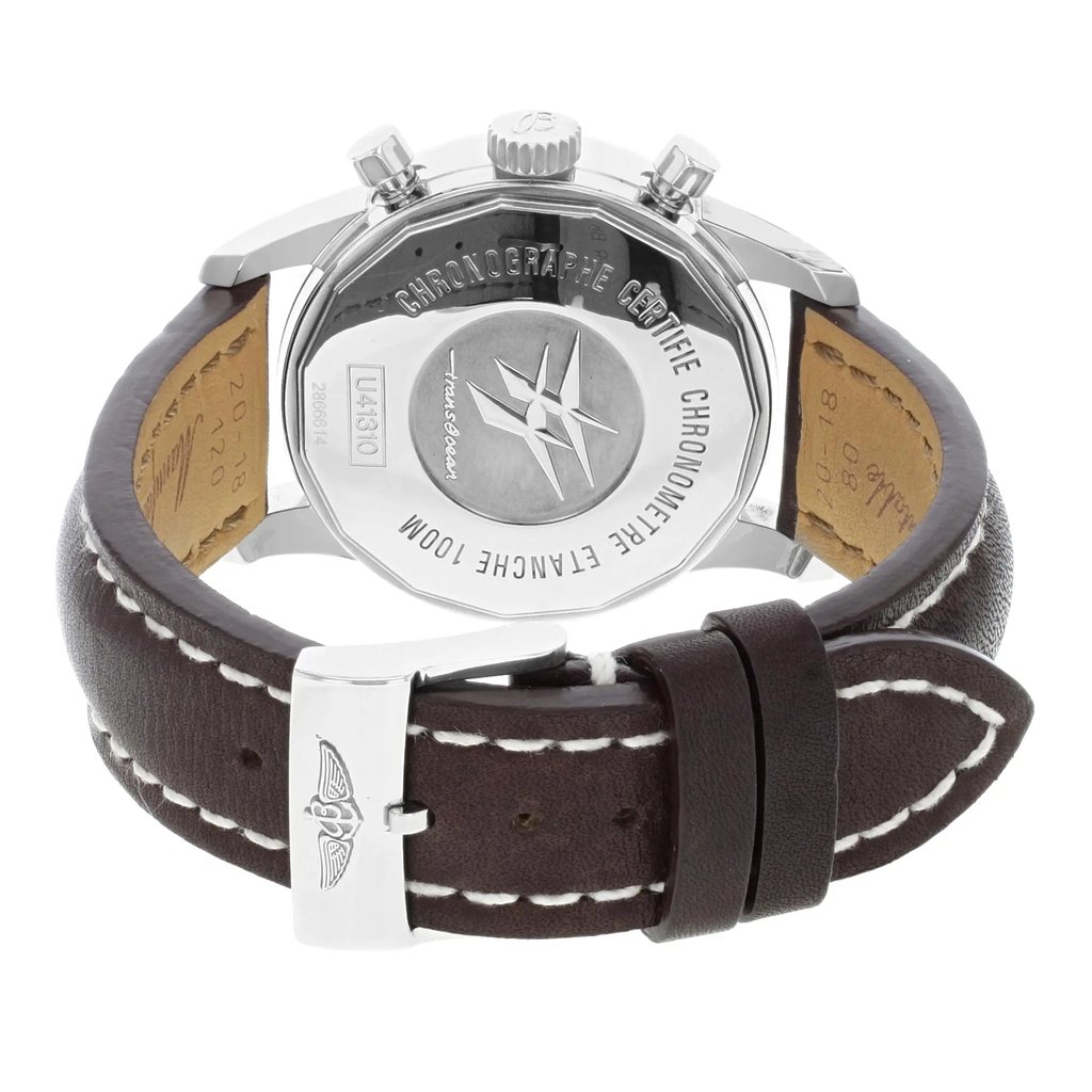 Back View Of {Caseback} Back Case And Closed Leather Band Of Breitling U4131012/Q600-431x Watch Pre Owned Condition