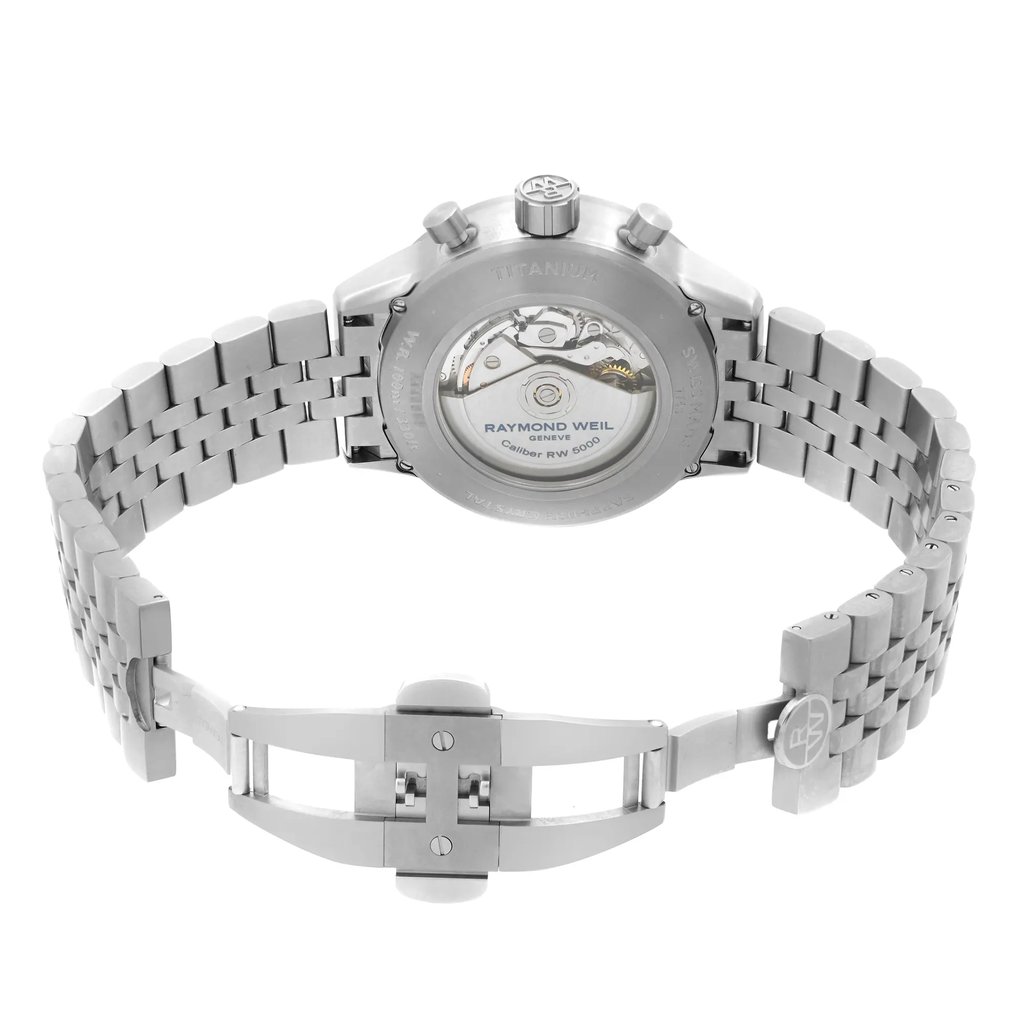 Back View Of Exhibition Back Case And Open Titanium,Stainless Steel Band Of RAYMOND WEIL 7745-TI-05609 Watch Pre Owned Condition