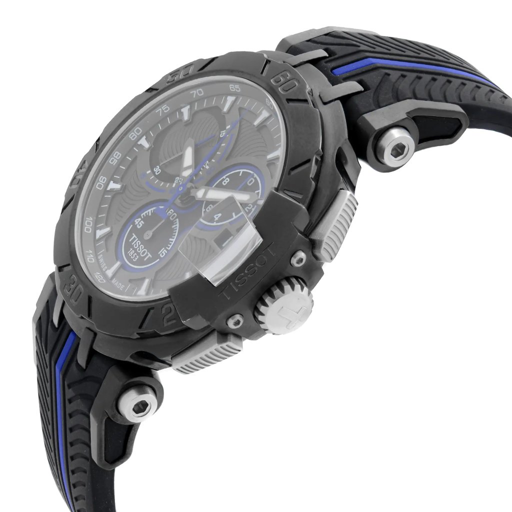 An image of a Wristwatch by Tissot. This Display Model item is designed for Men, featuring a Sport style. It has a Quartz movement and an Analog display with a Gray dial color. The indices include 12-Hour Dial,Multi Dial,Non-Numeric Hour Marks,Stick Indexes. The band is made of Silicone and the case is made of Stainless Steel. The watch has a Round shape with a case size of 45 mm and a case thickness of 13 mm.