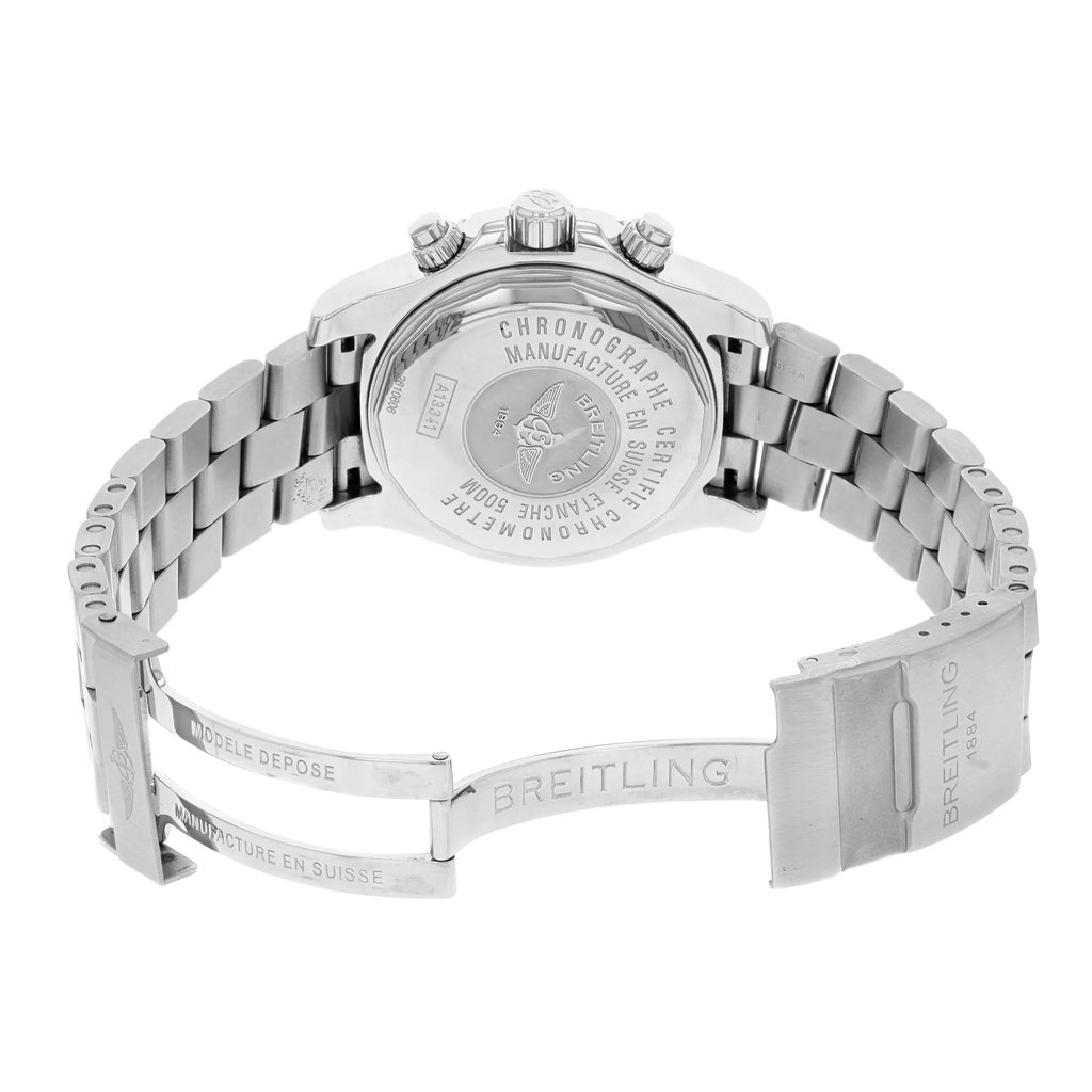 Back View Of {Caseback} Back Case And Open Stainless Steel Band Of Breitling A1334102/BA85-SS Watch Display Model Condition