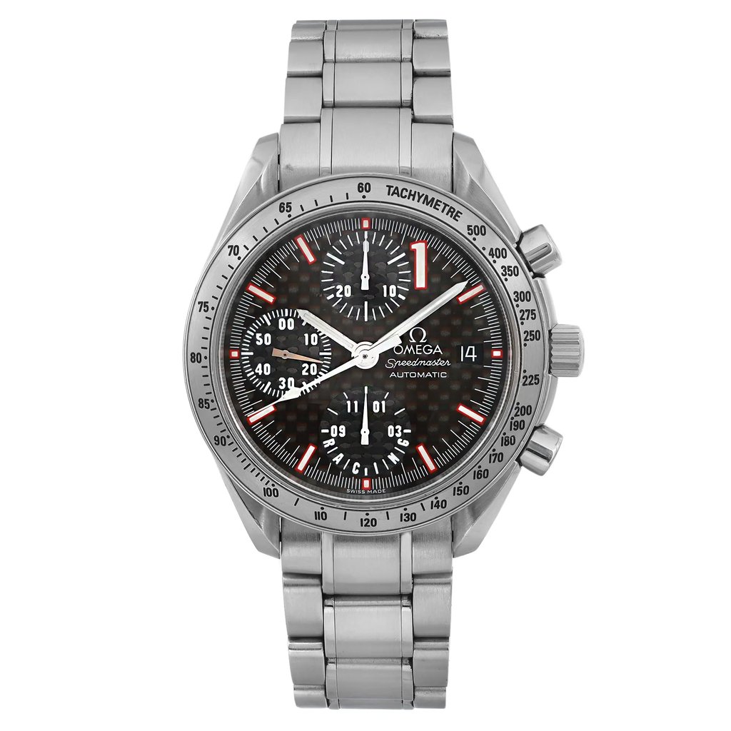 An image of a pre-owned OMEGA men's sport wristwatch in good condition. The watch is presented in a front full frontal view, centered and taking up the majority of the frame. It features a round stainless steel case and band with a black dial that has a carbon fiber pattern. The dial includes non-numeric hour marks and sticks as indices, and the luminous hands show signs of water damage. Additional features seen are a gray bezel, chronograph, date indicator, and a small seconds subdial. The OMEGA logo and the word "Speedmaster Automatic" are visible on the dial. The watch's position and angle provide a clear and detailed view of its face and design.