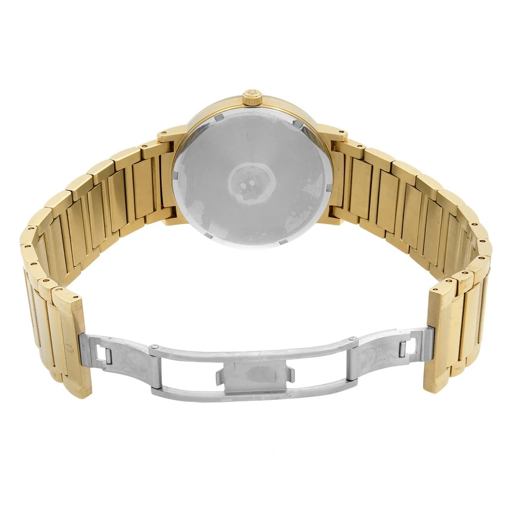 An image of a pre-owned Bulova men's wristwatch, shown from a rear perspective highlighting the watch's back case and clasp. The watch is positioned centrally and horizontally across the frame, with the band slightly curved. The gold-tone metal bracelet has a deployment clasp visible in the foreground, while the back of the watch case is in the midground. The distance is close-up, providing clear detail of the watch's condition and structure.