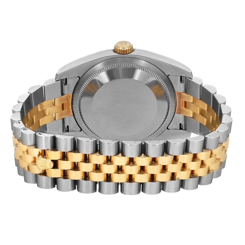 An image of a pre-owned men's Rolex wristwatch, shown from the back view. The photograph captures the solid stainless steel caseback and the dual-tone metal bracelet with a jewelry clasp, featuring both silver and gold links. The angle highlights the closed clasp, emphasizing the round watch shape and showcasing the watch's condition, classified as good.