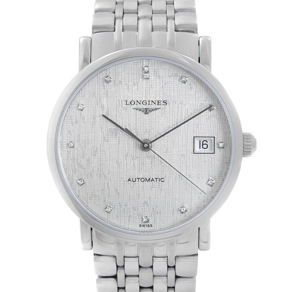 An image of a Wristwatch by Longines. This Display Model item is designed for Women, featuring a Dress/Formal style. It has a Mechanical (Automatic) movement and an Analog display with a Silver dial color. The indices include Diamond Markers,Non-Numeric Hour Marks. The band is made of Stainless Steel and the case is made of Stainless Steel. The watch has a Round shape with a case size of 34.5 mm and a case thickness of 8.5 mm.
