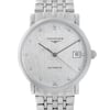An image of a Wristwatch by Longines. This Display Model item is designed for Women, featuring a Dress/Formal style. It has a Mechanical (Automatic) movement and an Analog display with a Silver dial color. The indices include Diamond Markers,Non-Numeric Hour Marks. The band is made of Stainless Steel and the case is made of Stainless Steel. The watch has a Round shape with a case size of 34.5 mm and a case thickness of 8.5 mm.