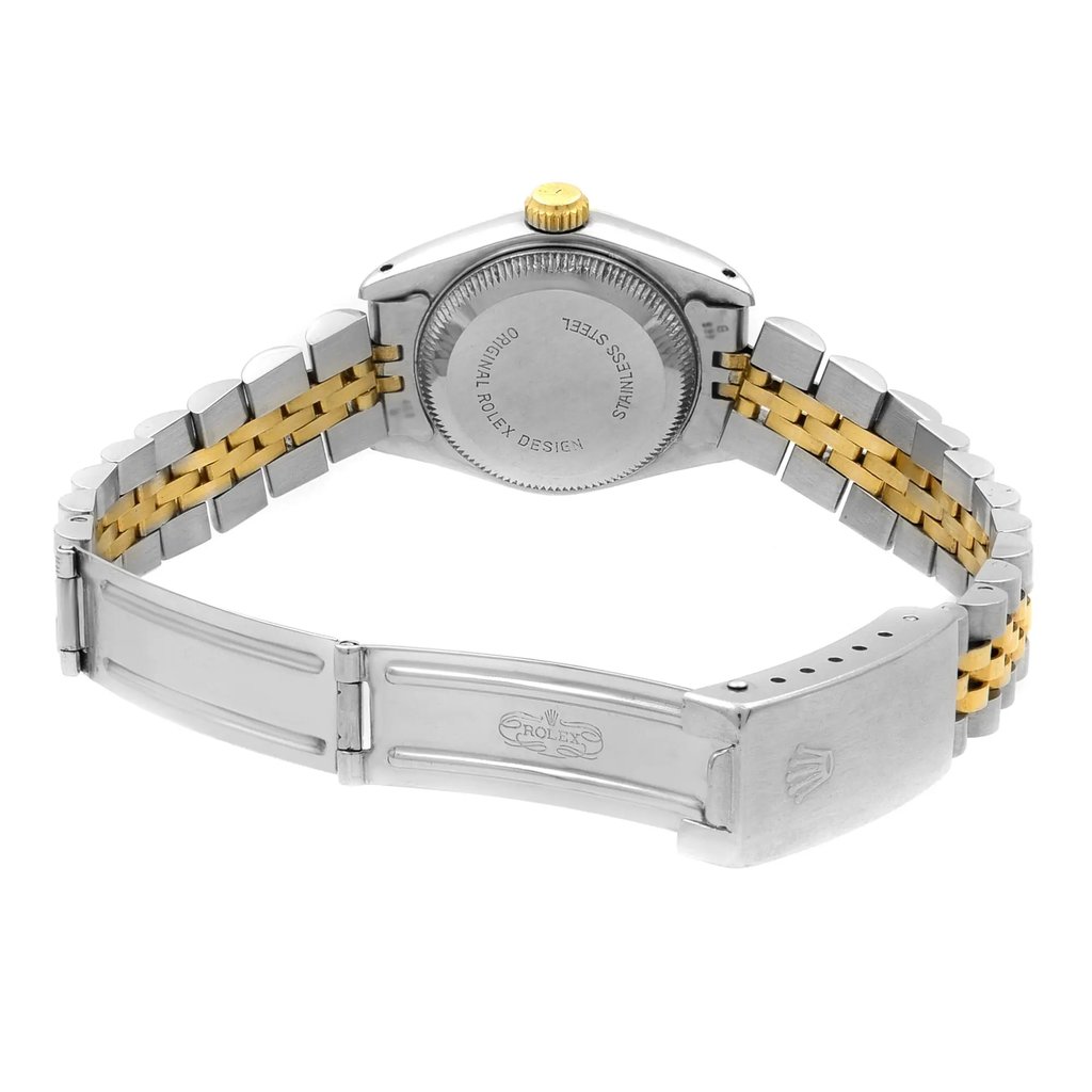 Back View Of {Caseback} Back Case And Open Stainless and Solid Gold Band Of Rolex 69173 Watch Pre Owned Condition