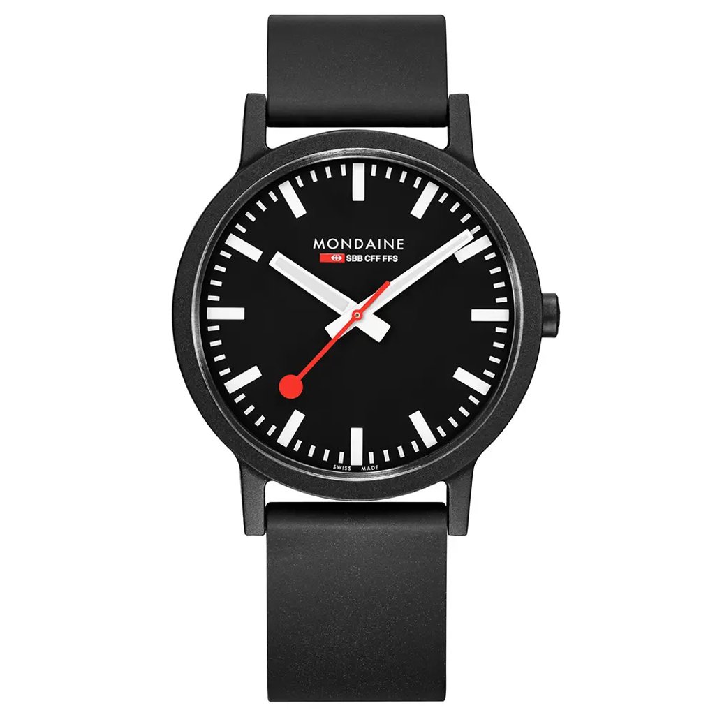 Up Close Front Facing Picture Of Mondaine MS1.41120.RB Stainless Steel Watch Display Model Condition