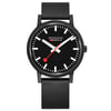 Up Close Front Facing Picture Of Mondaine MS1.41120.RB Stainless Steel Watch Display Model Condition