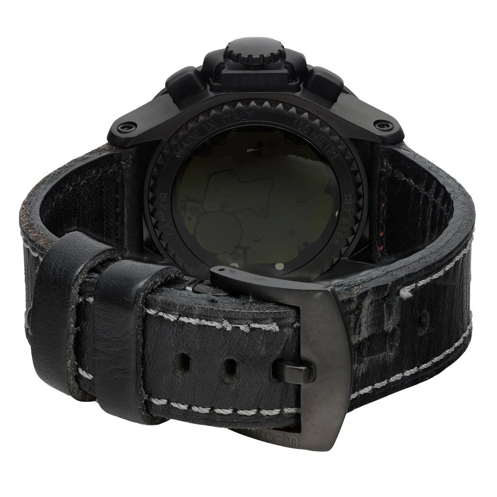 Back View Of Exhibition Back Case And Closed Leather Band Of U-Boat 8108 Watch Pre Owned Condition