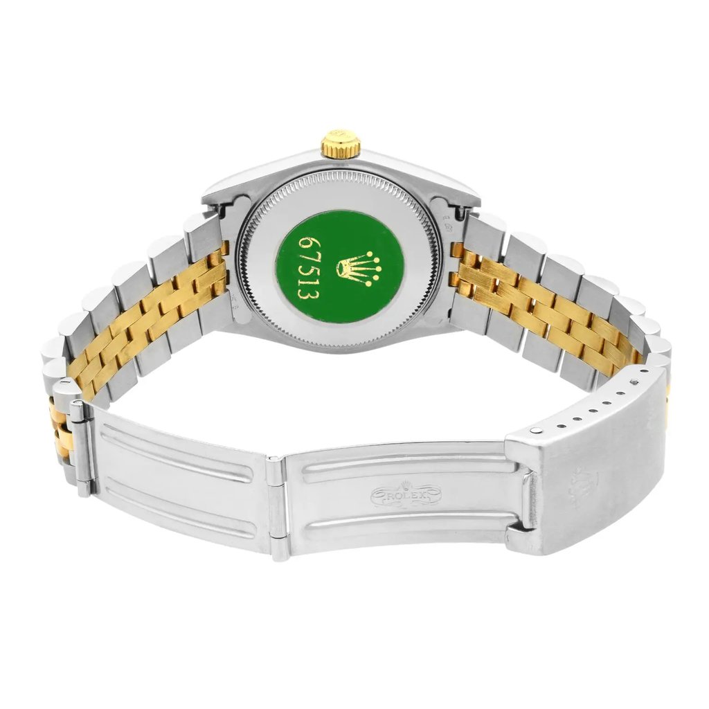 Back View Of {Caseback} Back Case And Open Stainless and Solid Gold Band Of Rolex 67513 Watch Pre Owned Condition