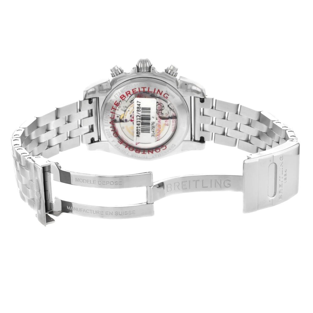 Back View Of {Caseback} Back Case And Open Stainless Steel Band Of Breitling AB014112/BB47-378A Watch Unworn Condition