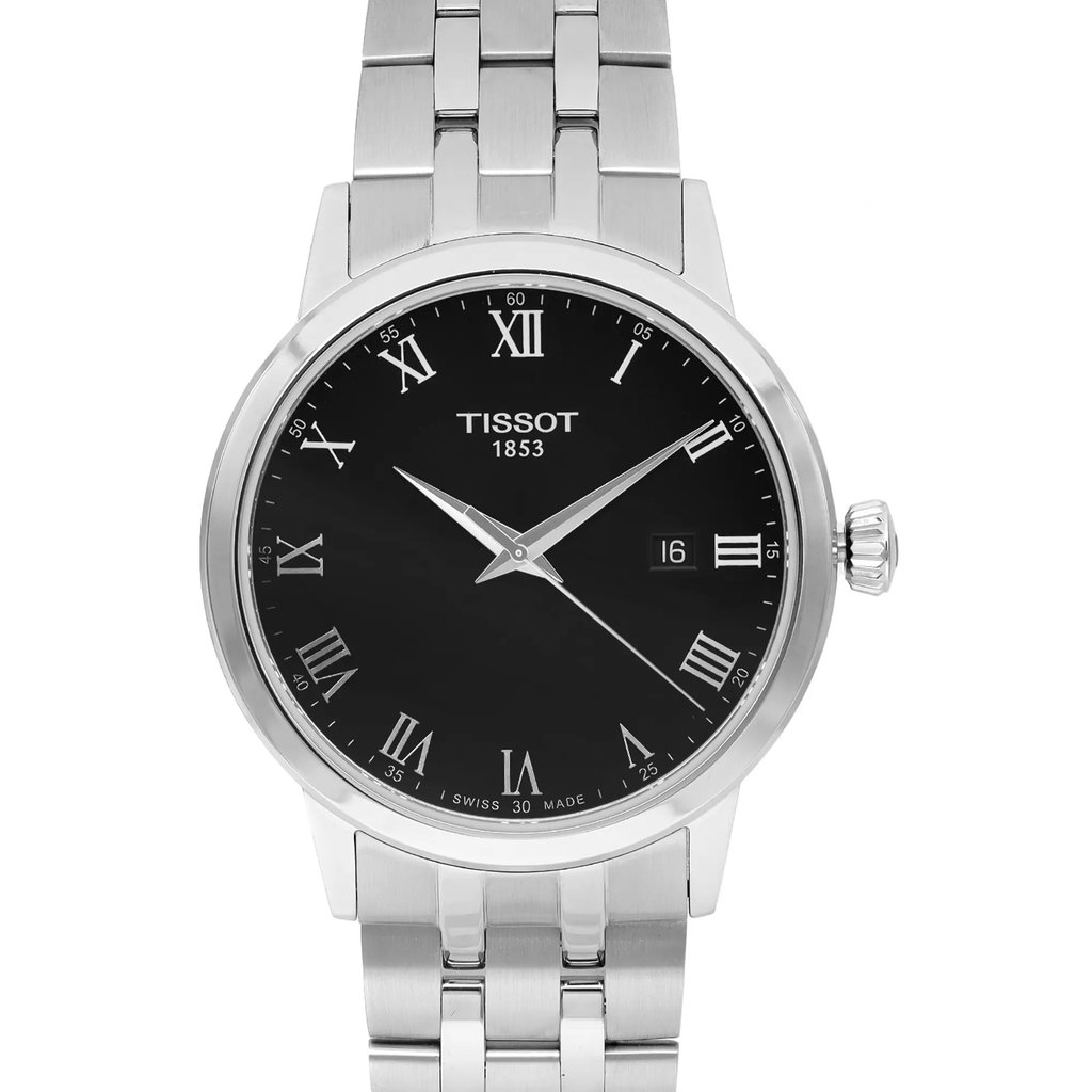 Up Close Front Facing Picture Of Tissot T129.410.11.053.00 Stainless Steel Watch Display Model Condition