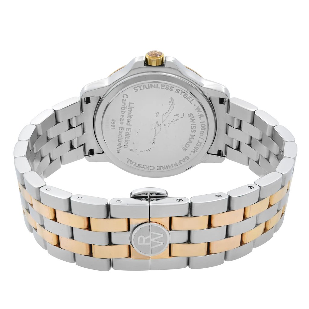 Back View Of Snap Back Case And Closed Stainless Steel Band Of RAYMOND WEIL 5591-SB5-CARAB Watch Pre Owned Condition