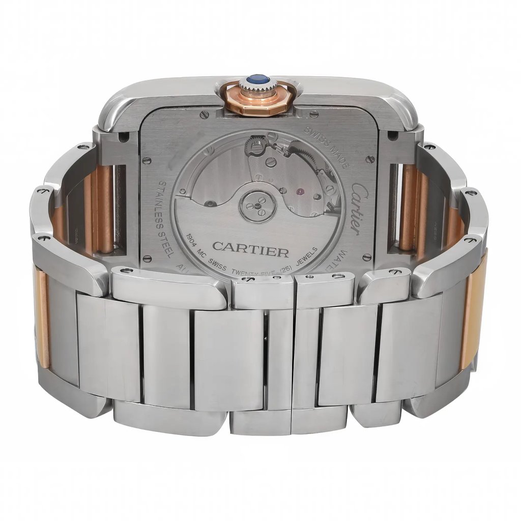 An image of a pre-owned Cartier women's wristwatch, viewed from the back. The watch is positioned upright, displaying the stainless steel and rose gold bracelet and the intricate details of the mechanical movement inside. The angle is slightly elevated, providing a clear view of the case back, with the crown visible at the top. The distance from the watch is close, allowing for a detailed look at the craftsmanship and brand engravings on the case.