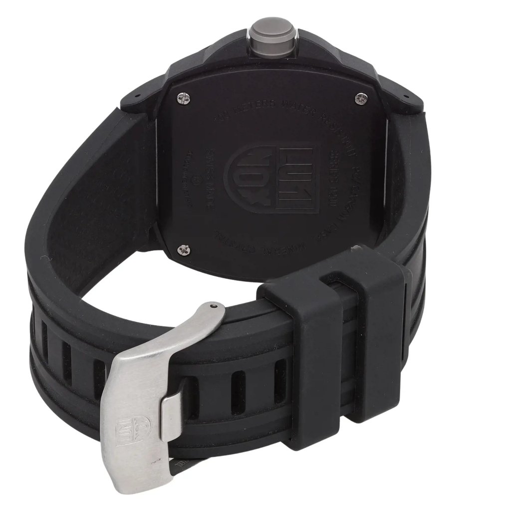 Back View Of Screwback Back Case And Closed Rubber Band Of Luminox XL.0215.SL Watch Pre Owned Condition