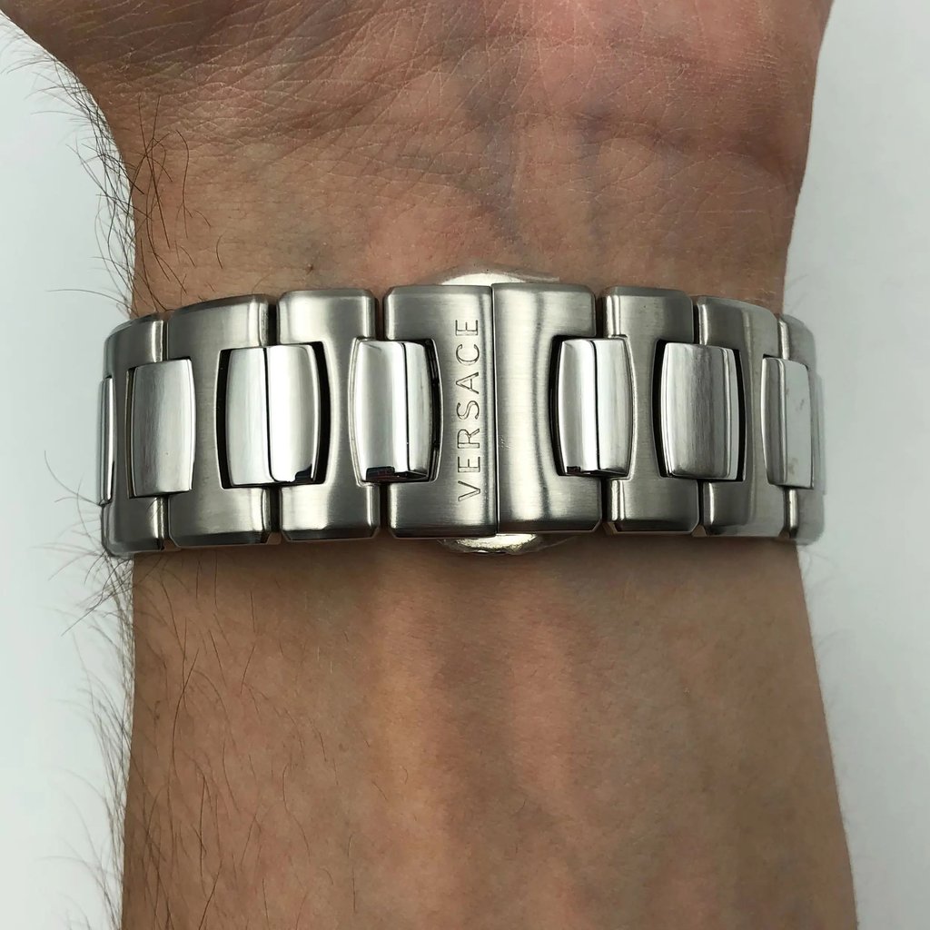 Back View Of Solid Back Case And Closed Stainless Steel Band Of Versace VFG120015 Watch Display Model Condition