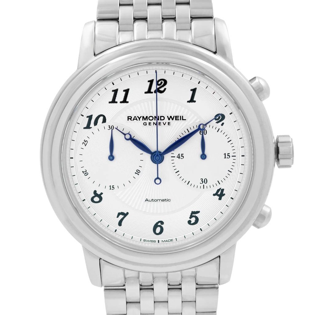 Up Close Front Facing Picture Of RAYMOND WEIL 4830-ST-05659 Stainless Steel Watch New Condition