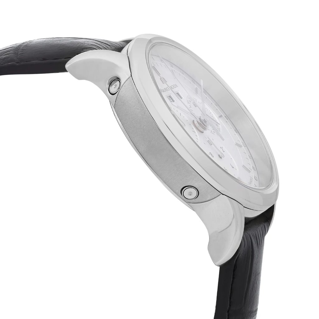 An image of a Wristwatch by Maurice Lacroix. This Unworn item is designed for Men, featuring a Dress/Formal style. It has a Quartz movement and an Analog display with a Silver dial color. The indices include 12-Hour Dial,Stick Indexes. The band is made of Leather and the case is made of Stainless Steel. The watch has a Round shape with a case size of 40 mm and a case thickness of 11 mm.