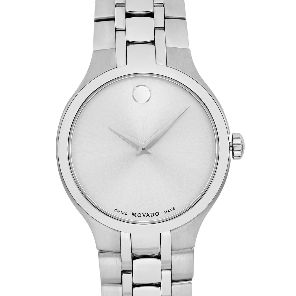 An image of a Wristwatch by Movado. This Pre Owned item is designed for Men, featuring a Casual style. It has a Quartz movement and an Analog display with a Silver dial color. The indices include 12-Hour Dial,No Hour Marks. The band is made of Stainless Steel and the case is made of Stainless Steel. The watch has a Round shape with a case size of 40 mm and a case thickness of 7 mm.