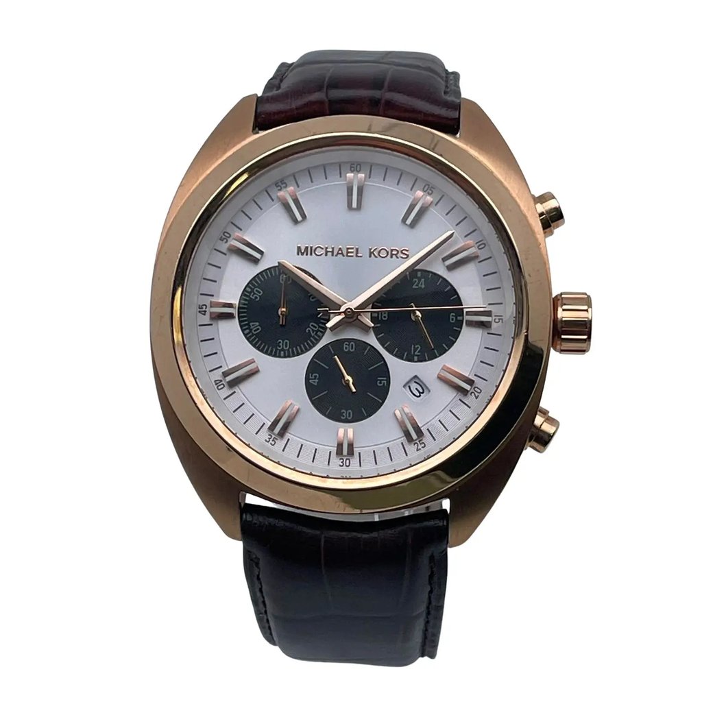 An image of a Wristwatch by Michael Kors. This Pre Owned item is designed for Men, featuring a Casual style. It has a Quartz movement and an Analog display with a White dial color. The indices include 12-Hour Dial,Multi Dial,Non-Numeric Hour Marks. The band is made of Stainless Steel and the case is made of Stainless Steel. The watch has a Round shape with a case size of 47 mm and a case thickness of 14 mm.