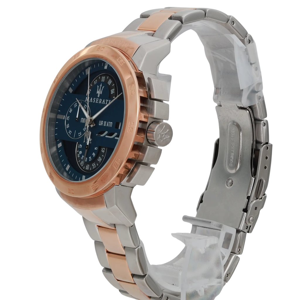 An image of a Wristwatch by Maserati. This Pre Owned item is designed for Men, featuring a Dress/Formal style. It has a Quartz movement and an Analog display with a Blue dial color. The indices include 12-Hour Dial,Baton Indexes. The band is made of Stainless Steel and the case is made of Stainless Steel. The watch has a Round shape with a case size of 45 mm and a case thickness of 13 mm.