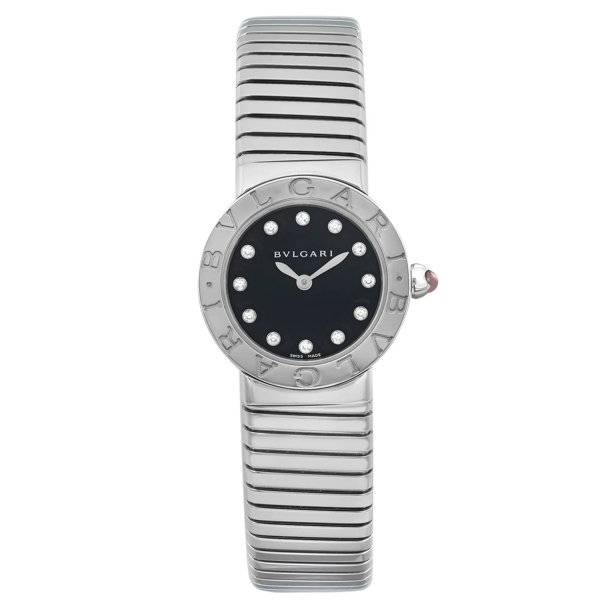 An image of a Bvlgari brand women's luxury wristwatch in excellent condition, displayed in a full frontal view. The watch has a round shape with a black dial featuring a diamond pattern and diamond markers indicating a 12-hour dial. The bezel is gray, and both the case and band are made of stainless steel, with the band showing a horizontal striped design. The watch is positioned straight on with the face centered and the band extending vertically in the frame, appearing close to the viewer for a clear view of its details.