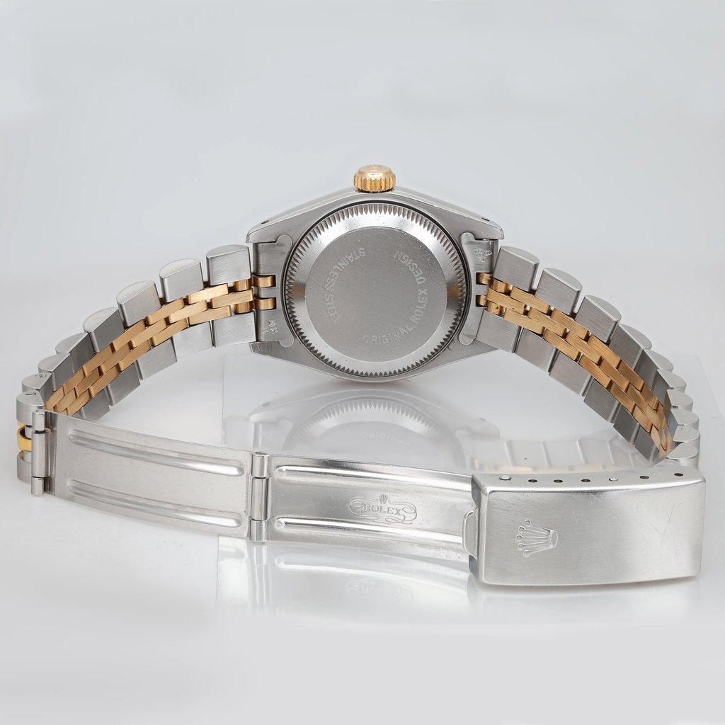 Back View Of Solid Back Case And Open Stainless Steel,Yellow Gold Band Of Rolex 69173 Watch Pre Owned Condition