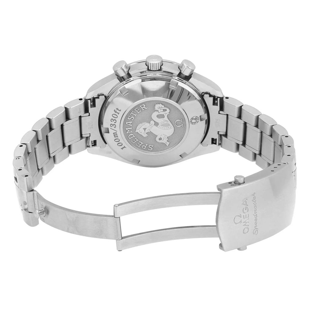 An image of a pre-owned men's OMEGA wristwatch, viewed from the back with an open clasp. The stainless steel band and caseback can be seen, highlighting its solid construction. The angle captures the round case and fold-over clasp, emphasizing features like the chronograph, date indicator, and luminous hands. The watch is positioned at a slight angle, showcasing the intricate design engraved on the caseback, with the image taken at a moderate distance to capture the full view of the open clasp.