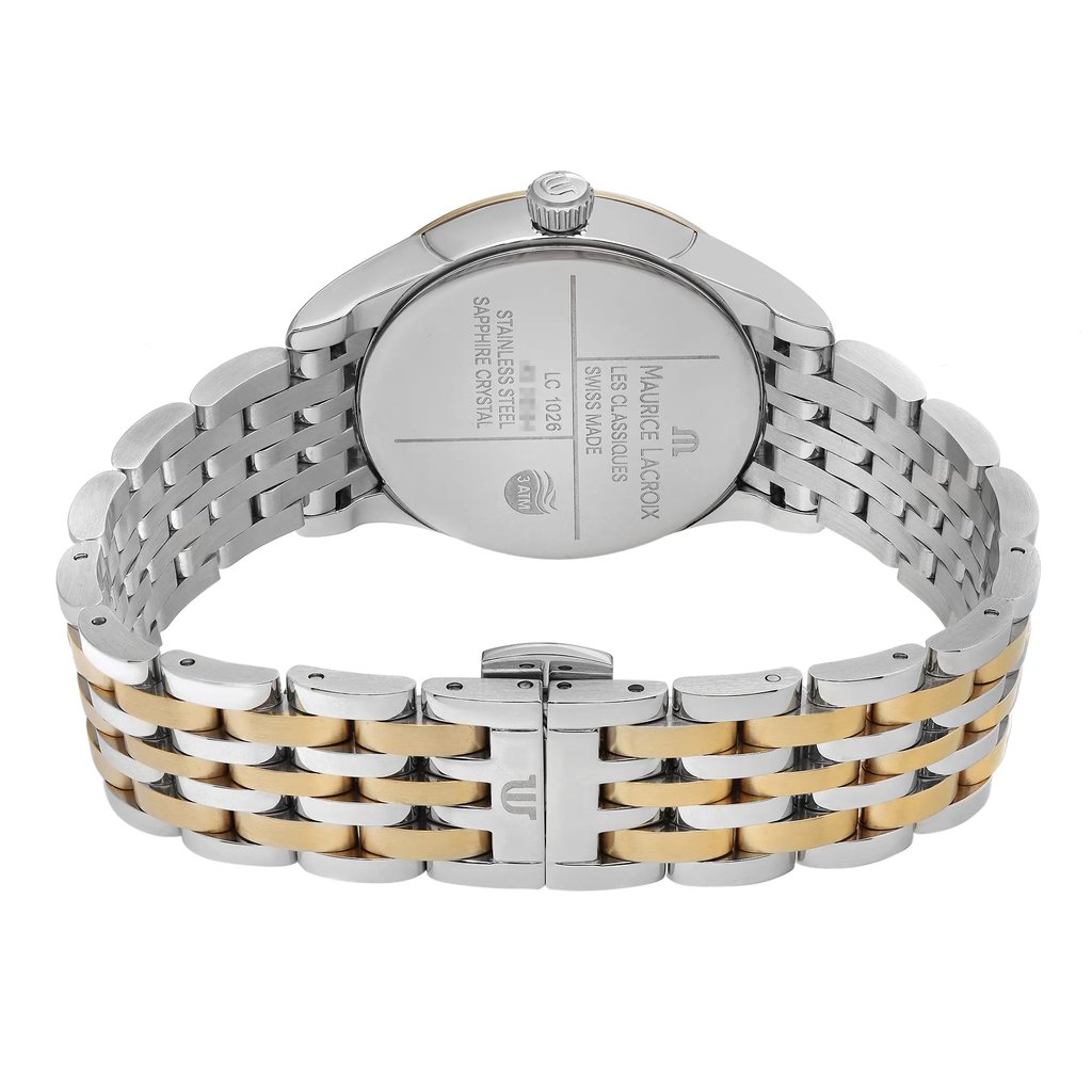 Back View Of Snap Back Case And Closed Stainless Steel Band Of Maurice Lacroix LC1026-PVY23-170 Watch Unworn Condition