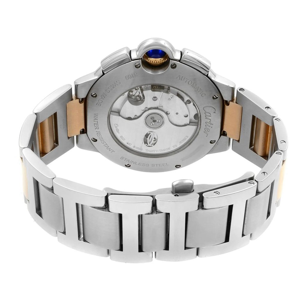 An image of a pre-owned Cartier men's wristwatch, displayed from the back view, showcasing the exhibition caseback and closed double-locking fold-over clasp. The watch is positioned centrally and shot from above at a close distance, allowing clear visibility of the stainless steel case material intermixed with solid gold elements on the band. The round shape of the watch is evident, with a notable blue cabochon on the crown visible from this angle.