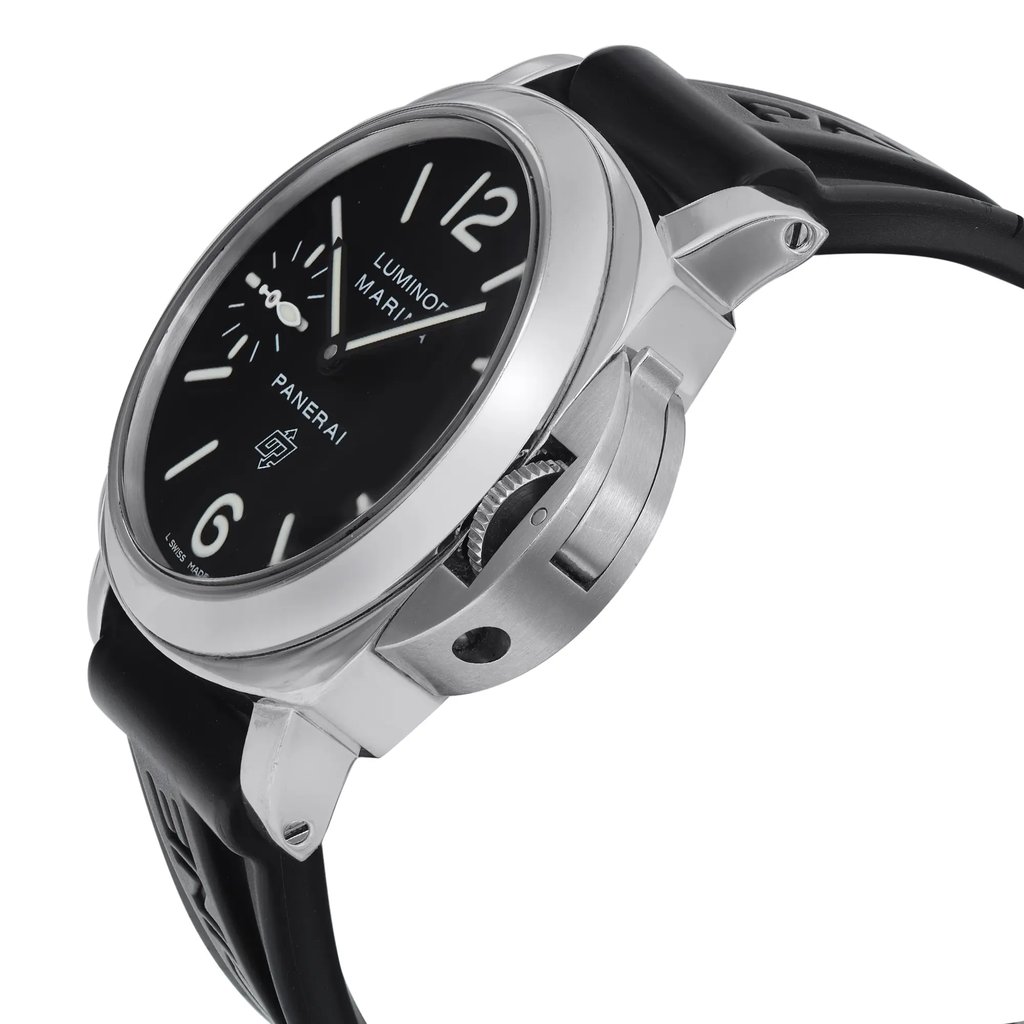 An image of a pre-owned Officine Panerai luxury wristwatch for men, shown in a side profile view highlighting the crown. The watch has a cushion shape with a black dial, gray bezel, and a black rubber band. The case is made of stainless steel. It features a small seconds subdial and displays some scratches on the watch crystal. The watch is positioned at an angle that showcases the side of the case, with the dial visible and the crown protruding at the right side of the image, all at a close distance for clear detail.