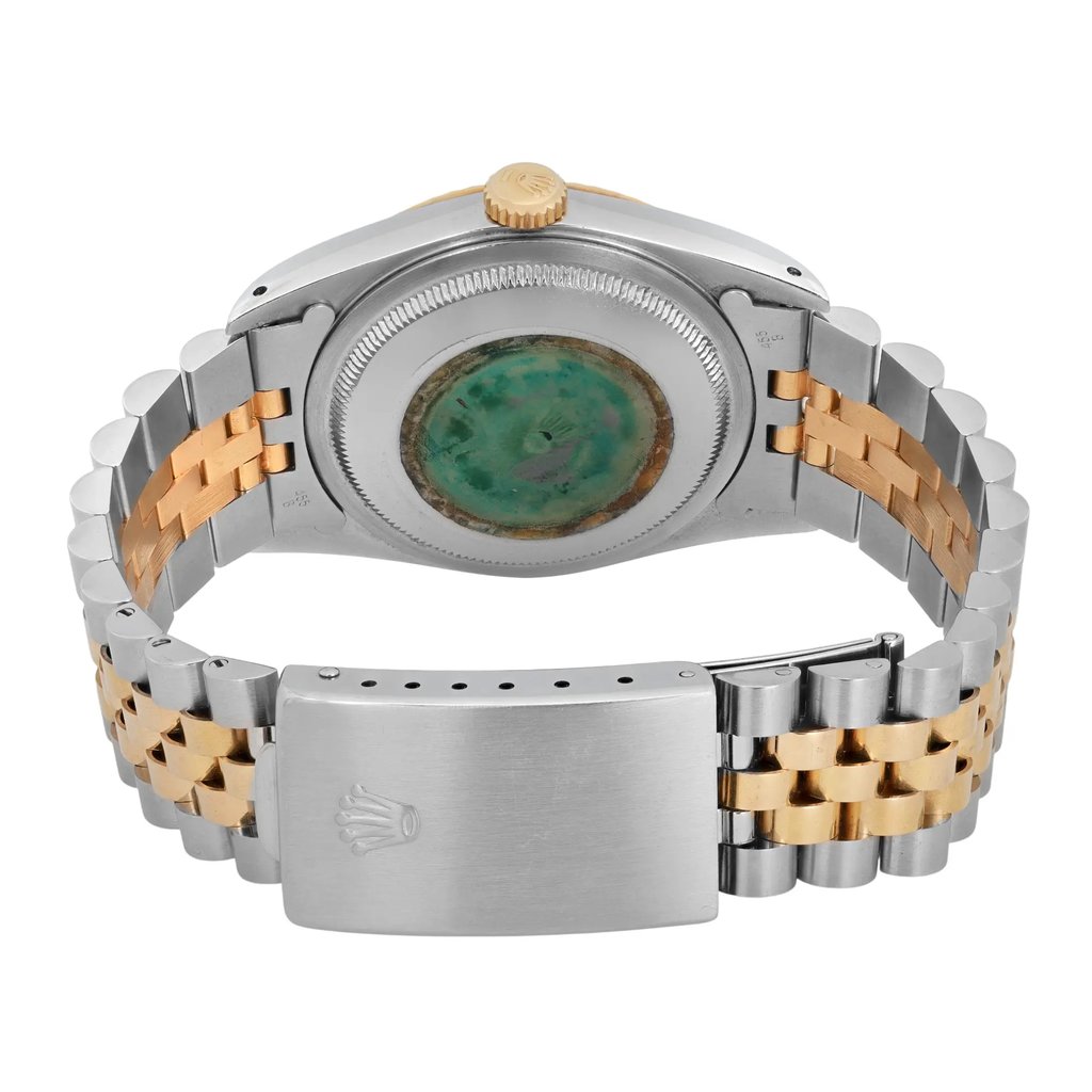 An image of a pre-owned men's Rolex wristwatch, showcasing the back view. The watch is positioned upright, displaying its stainless steel and yellow gold bracelet. The focus is on the clasp and the case back, with the Rolex logo visible on the clasp. The angle highlights the intricate link design, and the image is taken from a close distance to emphasize details.