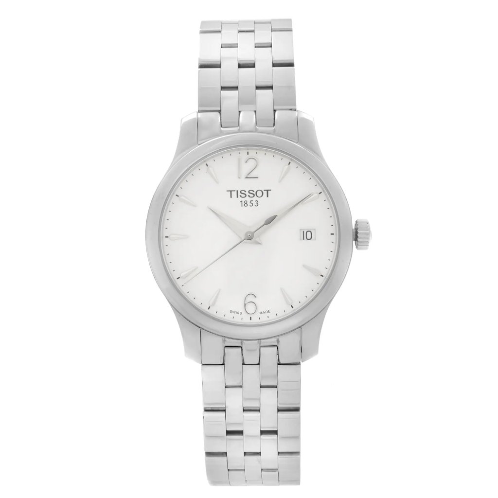 An image of a Wristwatch by Tissot. This Display Model item is designed for Women, featuring a Classic style. It has a Quartz movement and an Analog display with a Silver dial color. The indices include 12-Hour Dial,Arabic Numerals,Stick Indexes. The band is made of Stainless Steel and the case is made of Stainless Steel. The watch has a Round shape with a case size of 33 mm and a case thickness of 7 mm.