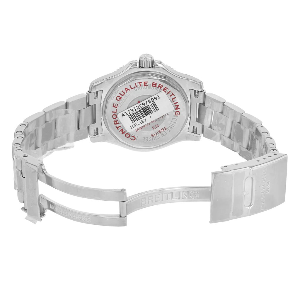 Back View Of {Caseback} Back Case And Open Stainless Steel Band Of Breitling 36 A17312C9/BD91-179A Watch Display Model Condition