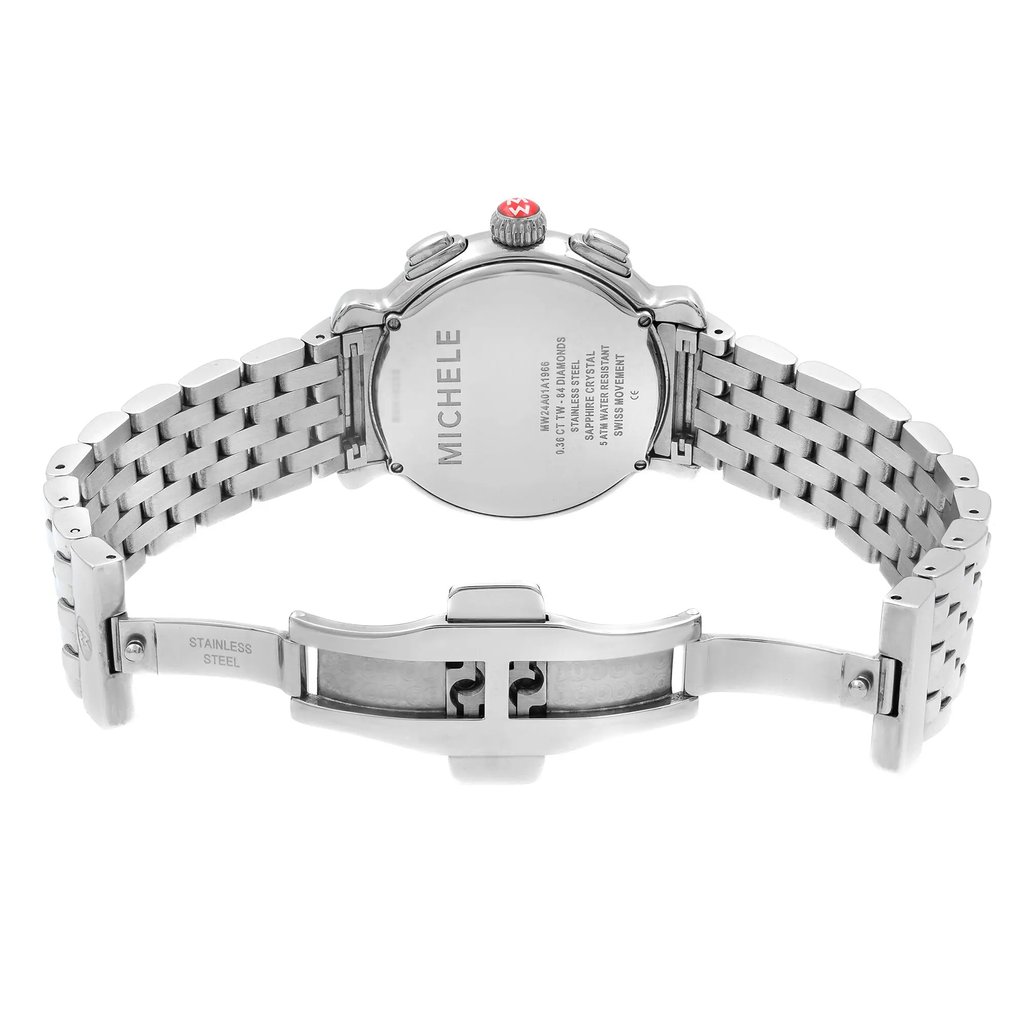 Back View Of Screwback Back Case And Open Stainless Steel Band Of MICHELE MWW24A000001 Watch Pre Owned Condition