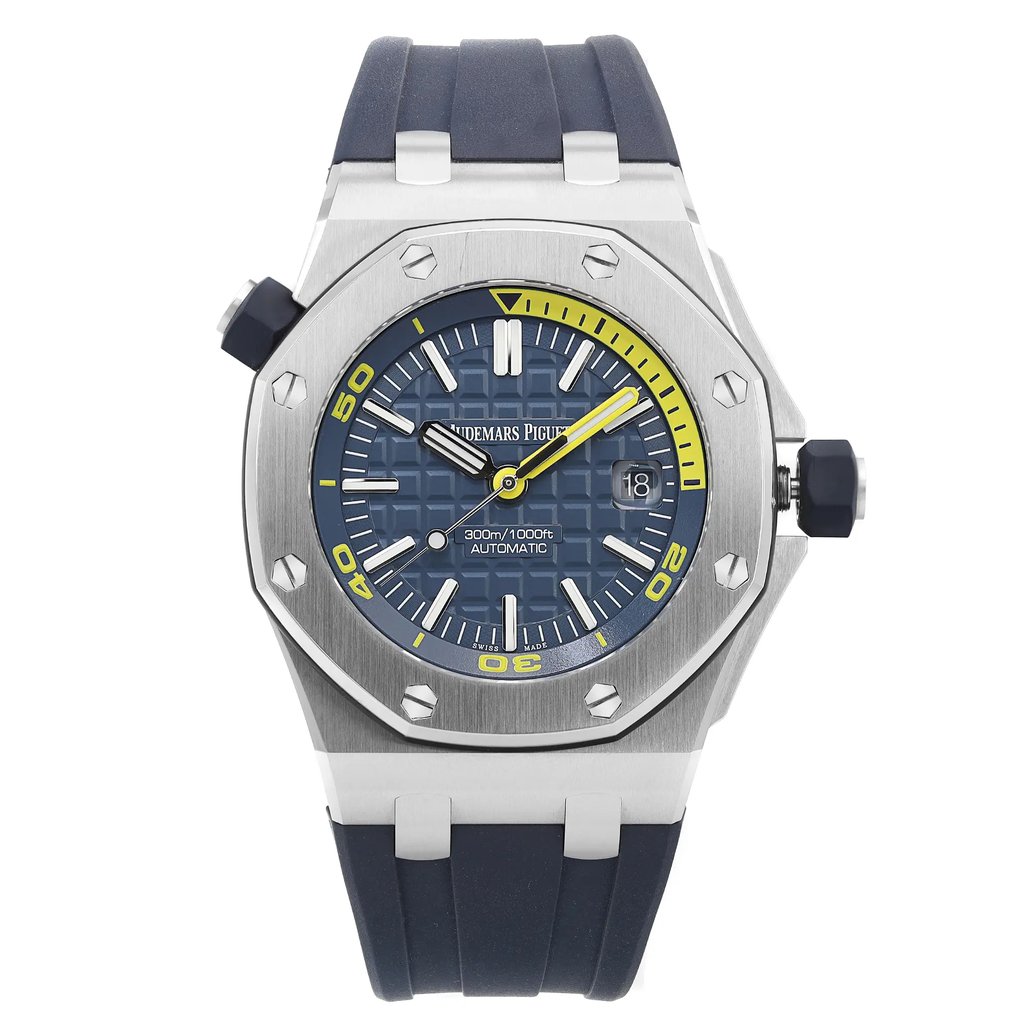 An image of a pre-owned wristwatch taken from a front full frontal view. The watch features a blue dial with yellow accents and a black rubber strap. The bezel is octagonal with visible screws, and the crown is positioned on the right side. The image is captured at close range, highlighting the watch's intricate design details.